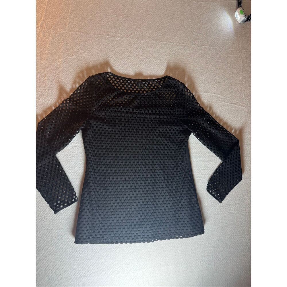 Escada‎ Beaded Open Knit Sheer Overlay Long Sleeve Top